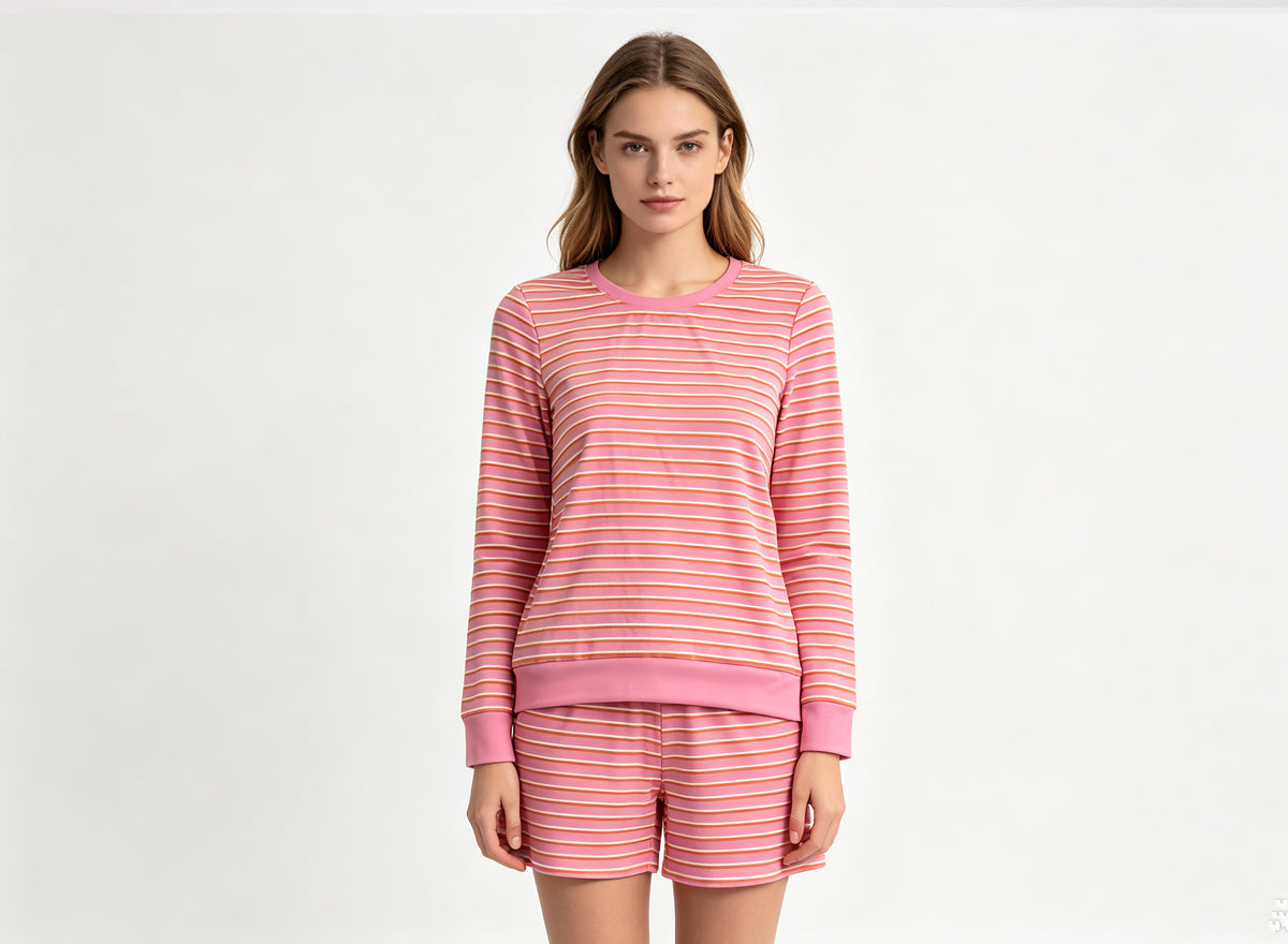 (Sample) No moq yoga fabric GLS0139 Yoga Adult Women Pink Stripe Shirt Top Short Yoga Active Clothes Set