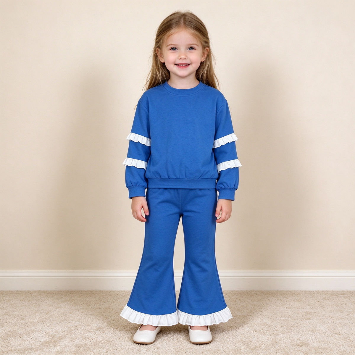 NEW RTS NO MOQ cotton GT1860+P1170 Baby Girls Solid Blue Crew Neck Top Double White Ruffle Sleeve Ruffle Hem Flare Pant Outfit