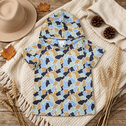 NEW RTS NO MOQ milk silk BT1963 Baby Boys Camo Rabbit Print Easter Short Sleeve Hoodies Top