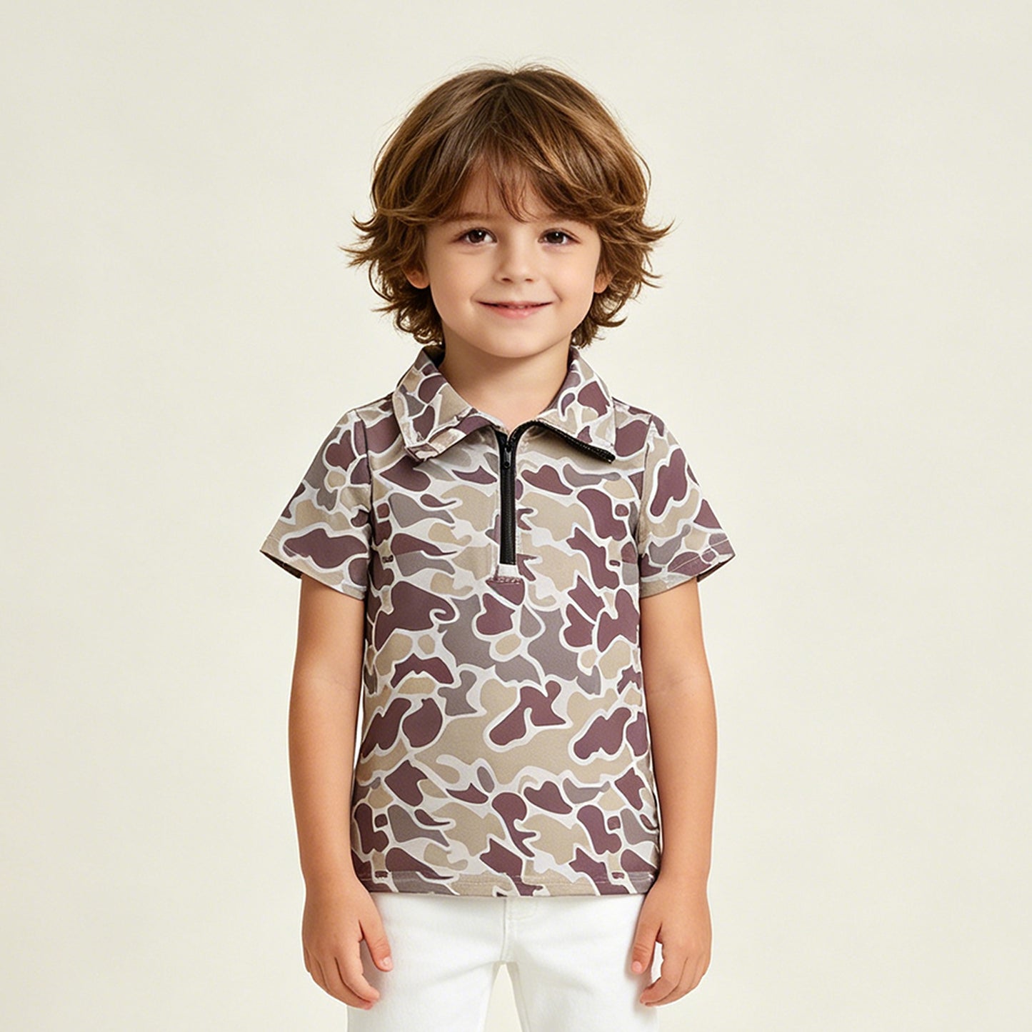 RTS NO MOQ milk silk BT1727 Baby Boys Casual Grey Camo Zipper Short Sleeve Pullover