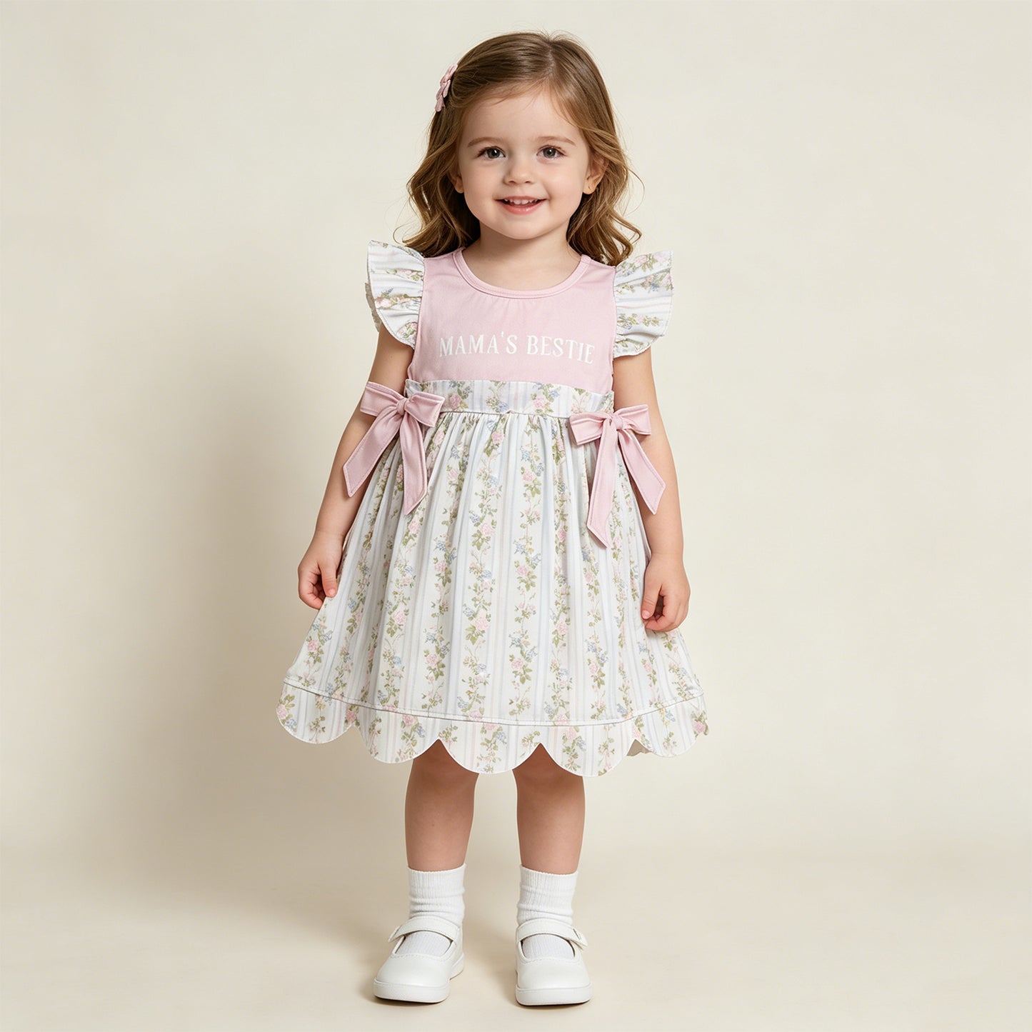 RTS NO MOQ milk silk GSD2973 Toddler Girls Mama's Bestie Floral Stripe Scallop Knee Length Dresses