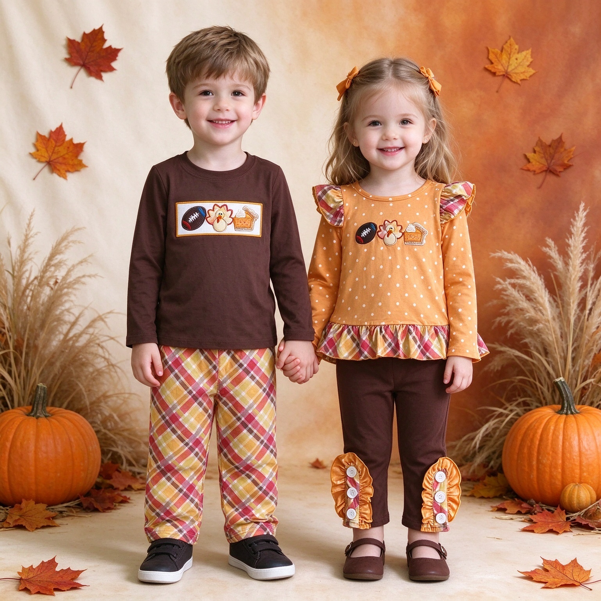 Turkey Thanksgiving Sibling Collection - Baby Boys Plaid Turkey Set & Baby Girls Turkey Cake Dot Pants Set