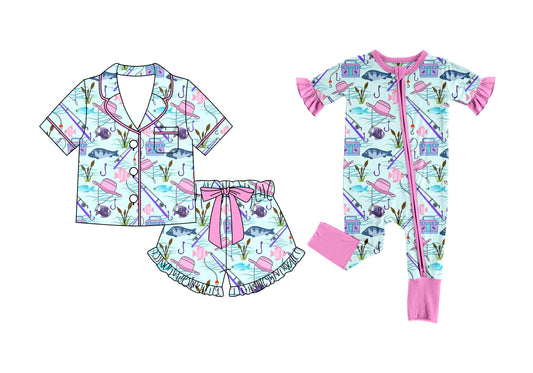 Custom moq 5 mix size Sibling light blue Short-Sleeved Pajamas And Shorts Set Romper for Baby Girls Comfortable Sleepwear