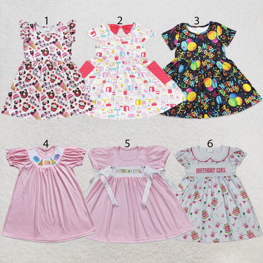 RTS NO MOQ Sibling milk silk Baby Girls Cute Summer Birthday Print Knee Length Casual Dress