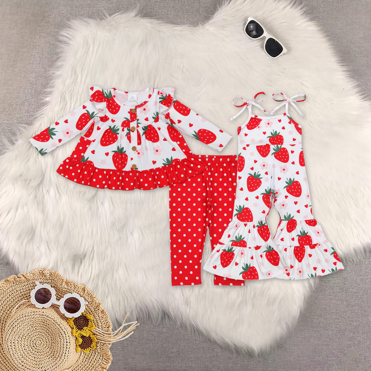 RTS NO MOQ Sibling baby girl clothes long-sleeved pink and white striped trouser suit with flower pockets and jumpsuit