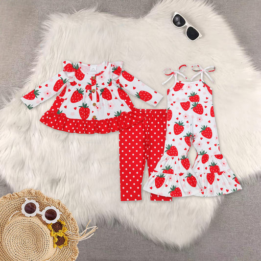 RTS NO MOQ Sibling baby girl clothes long-sleeved pink and white striped trouser suit with flower pockets and jumpsuit