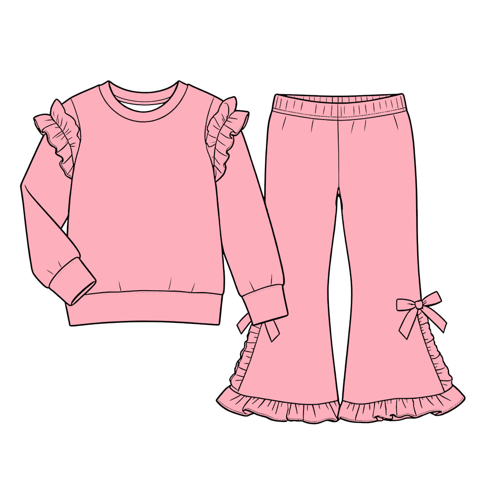 Custom moq 5  cotton fabric girls ruffle sets  solid color blank  Pink Long-Sleeve Sweatshirt with Lace Trim and Flared Pants Set with Side Bows