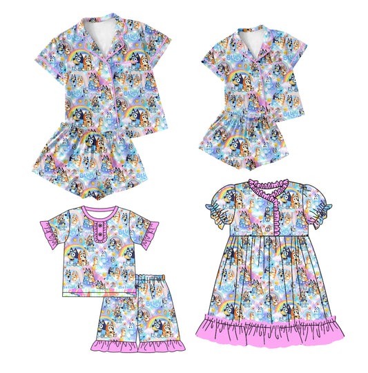 12.14 custom each style moq 5eta 4-6week Sibling Sister carton dog rainbow baby girls short sleeve shorts sets and adult sets and girls sets and dress match design