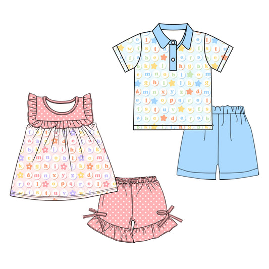 3.7  Custom moq 5 mix size Sibling Baby Girls Boys Back To School Short-Sleeved Top And Shorts Set  for Infants