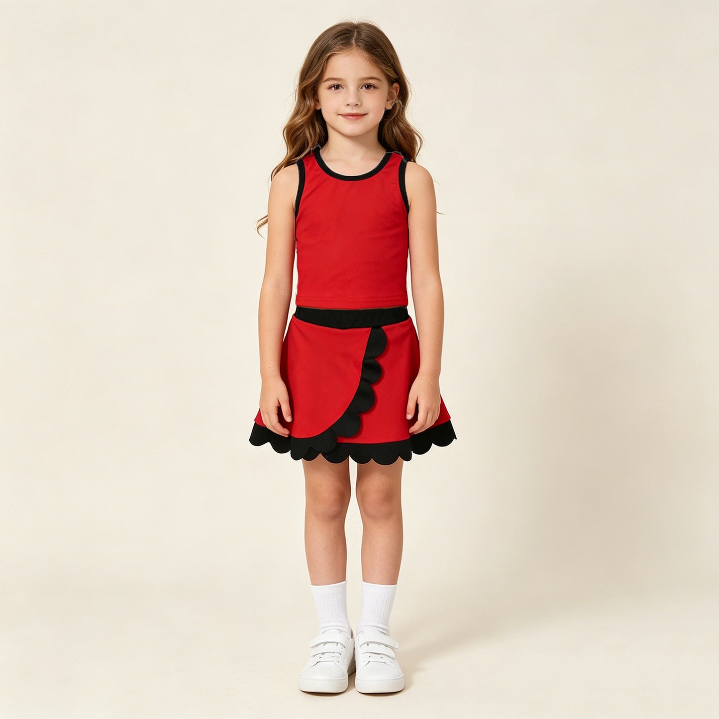 RTS NO MOQ yoga fabric cotton GSD4028 Baby Girls Red Black Scallop Edge Sleeveless Vest Skirt Set