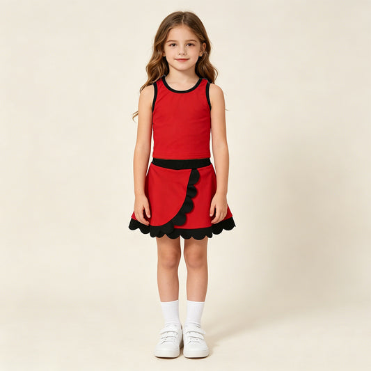 RTS NO MOQ yoga fabric cotton GSD4028 Baby Girls Red Black Scallop Edge Sleeveless Vest Skirt Set