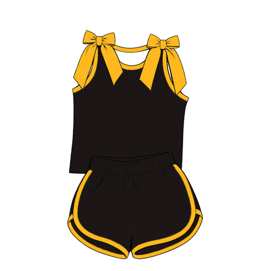 custom moq 5 mix size Baby Girls Yellow Bow Sleeveless Black Top Shorts Summer Cute Clothing Set