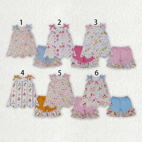 RTS NO MOQ Sibling Baby Girls Colorful Flowers Scallop Tunic Ruffle Shorts Outfit Set Cute Baby Girl Clothing Set