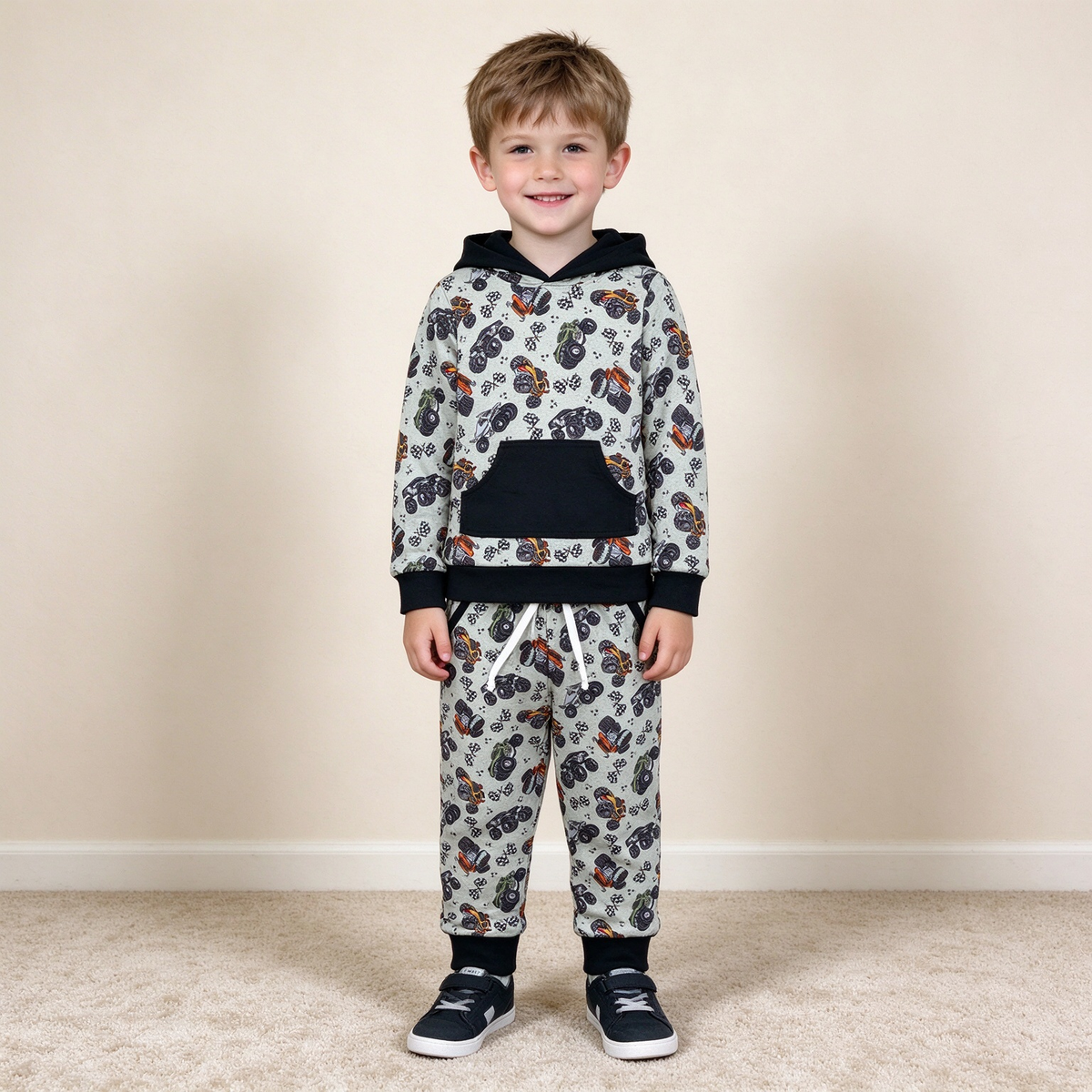 NEW RTS NO MOQ milk silk BLP1511 Baby Boys Long Sleeve Flags Print Pocket Hoodie Jogger Pants Outfit