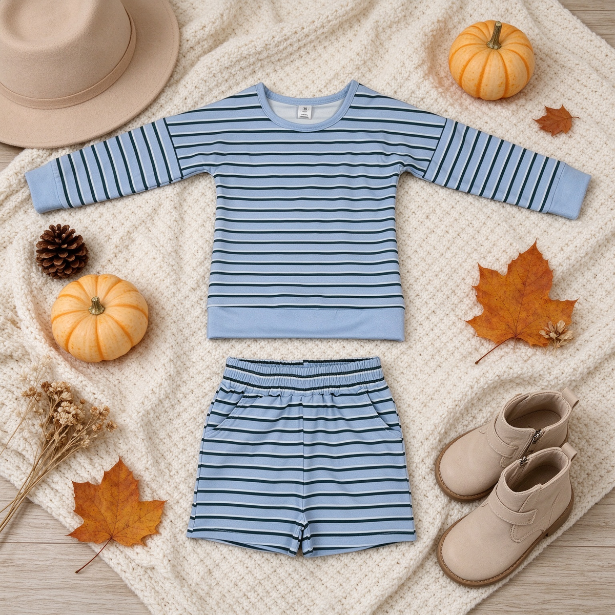 NEW RTS NO MOQ yoga fabric GLS0133 Yoga Baby Girls Blue Stripe Shirt Top Short Yoga Set