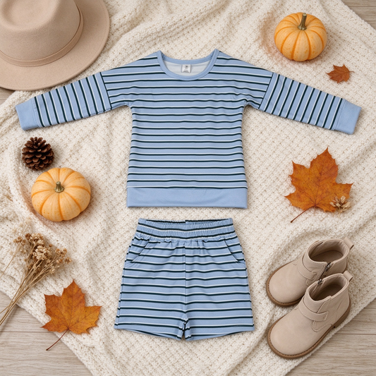NEW RTS NO MOQ yoga fabric GLS0133 Yoga Baby Girls Blue Stripe Shirt Top Short Yoga Set