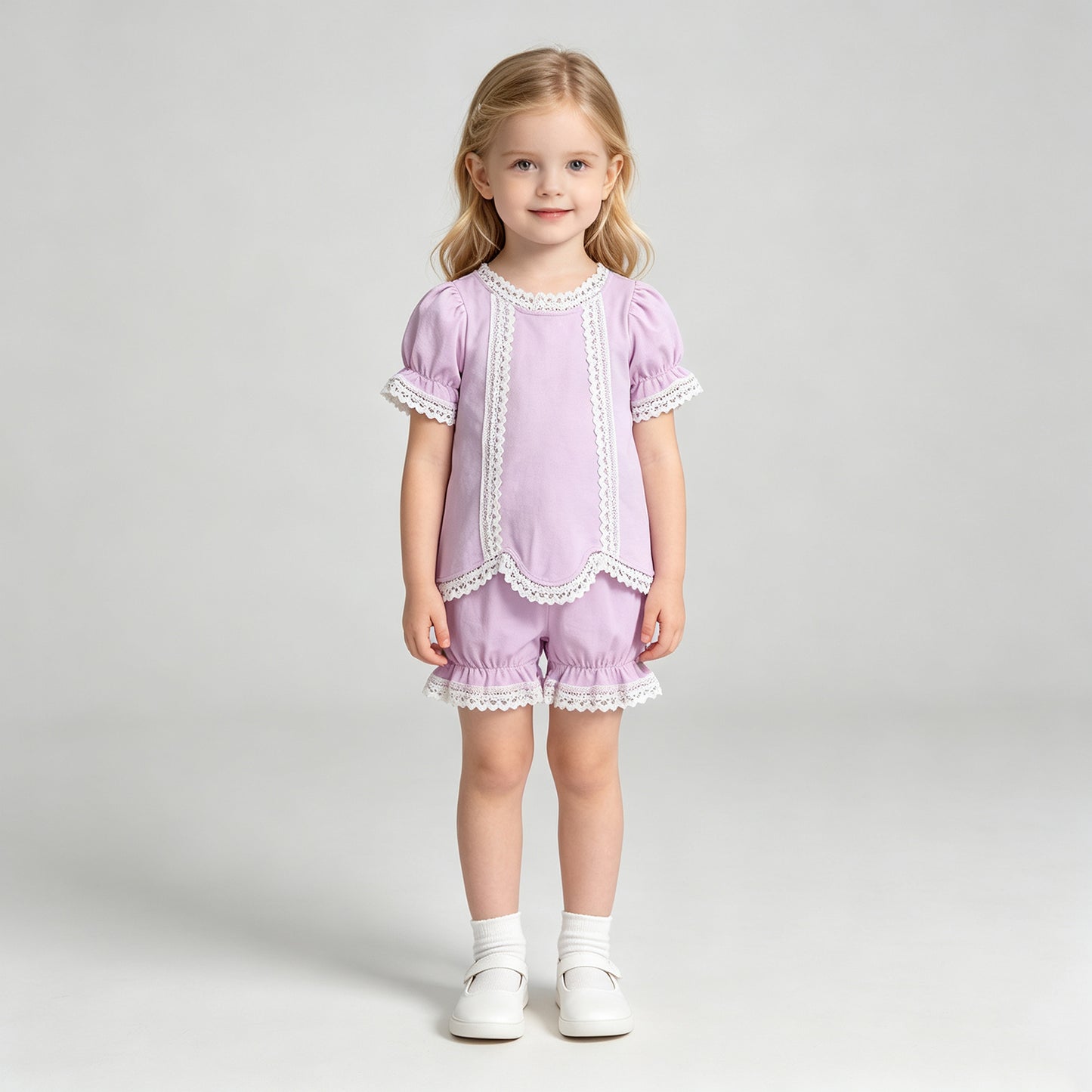 RTS NO MOQ milk silk GSSO3681 Baby Girls Lavender Short Sleeve Lace Scallop Tunic Top Ruffle Shorts Set