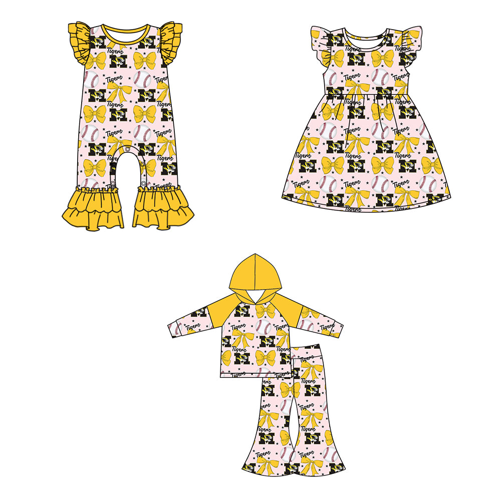 Custom moq 5 each style summer teams baby girls clothes team bow yellow long sleeve hooded pants sets and dress and romper-25.6.13