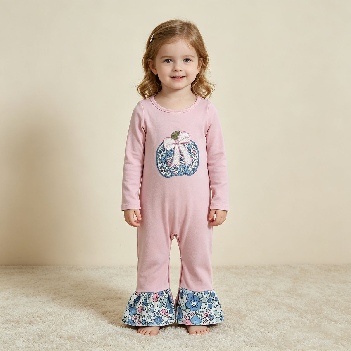 NEW RTS NO MOQ milk silk LR3021 Embroidery Baby Girls Floral Pumpkin Print Long Sleeve Ruffle Romper
