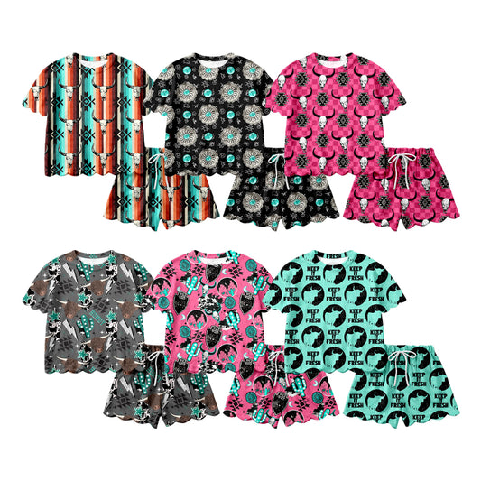 Custom moq 5 mix size Sibling Baby Girl's Aztec Print Short-Sleeved Top And Shorts Western Style Set Cute And Fashionable Outfit for Little Ones