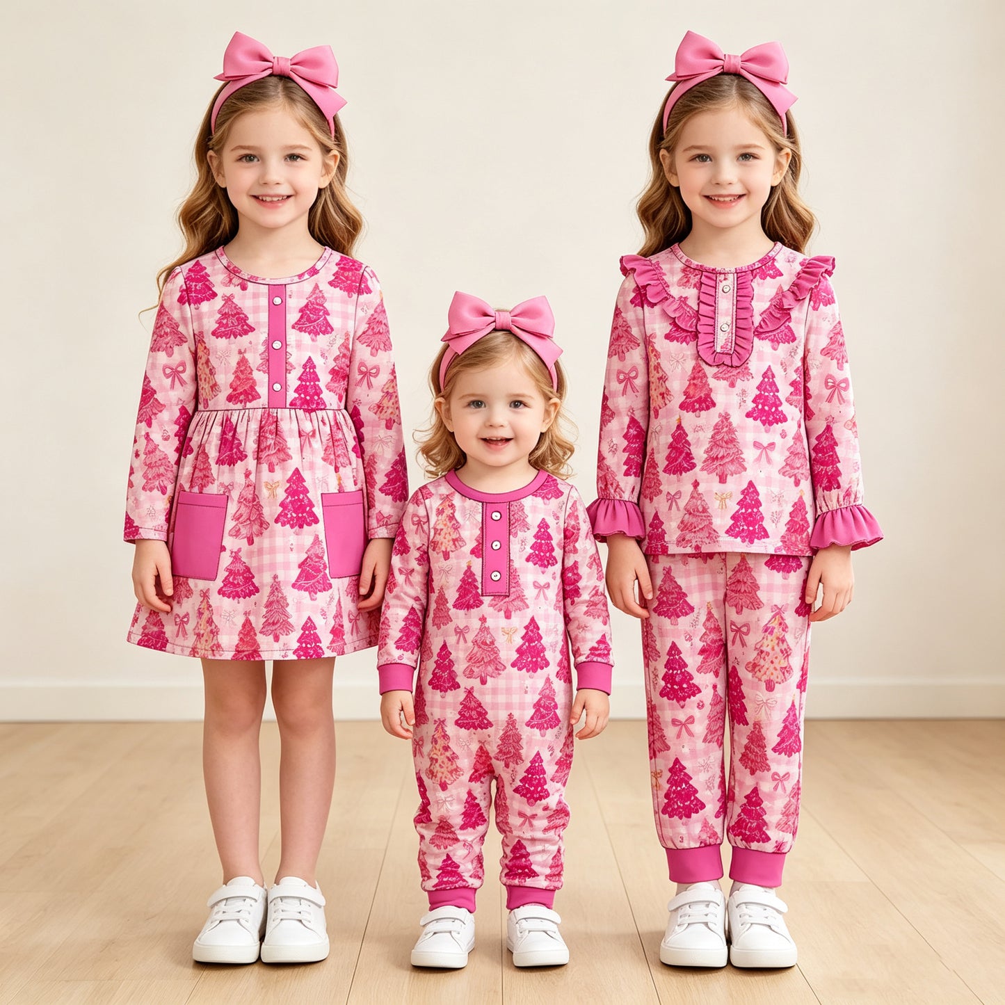 (Preorder new) No moq Baby Girls Pink Checked Bows Trees Button Top Pant Christmas Pajamas Set Sleepwear Outfit Dress Newborn Rompers