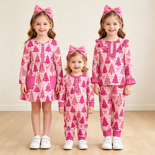 (Preorder new) No moq Baby Girls Pink Checked Bows Trees Button Top Pant Christmas Pajamas Set Sleepwear Outfit Dress Newborn Rompers