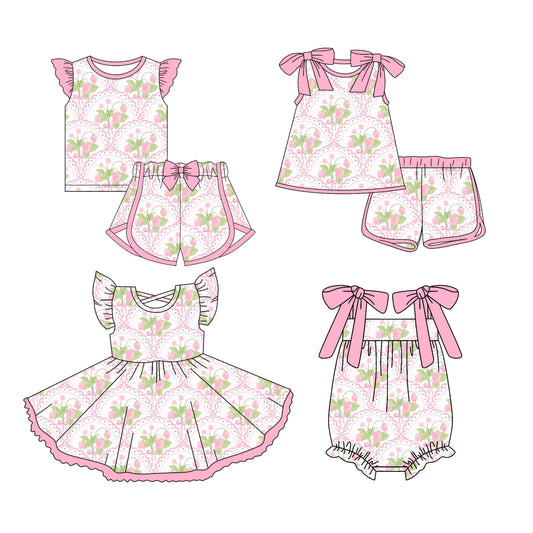 3.13 custom each style moq 5eta 4-6week Sibling Sister floral bow baby girls short sleeve set and set 2 and dress and romper match design