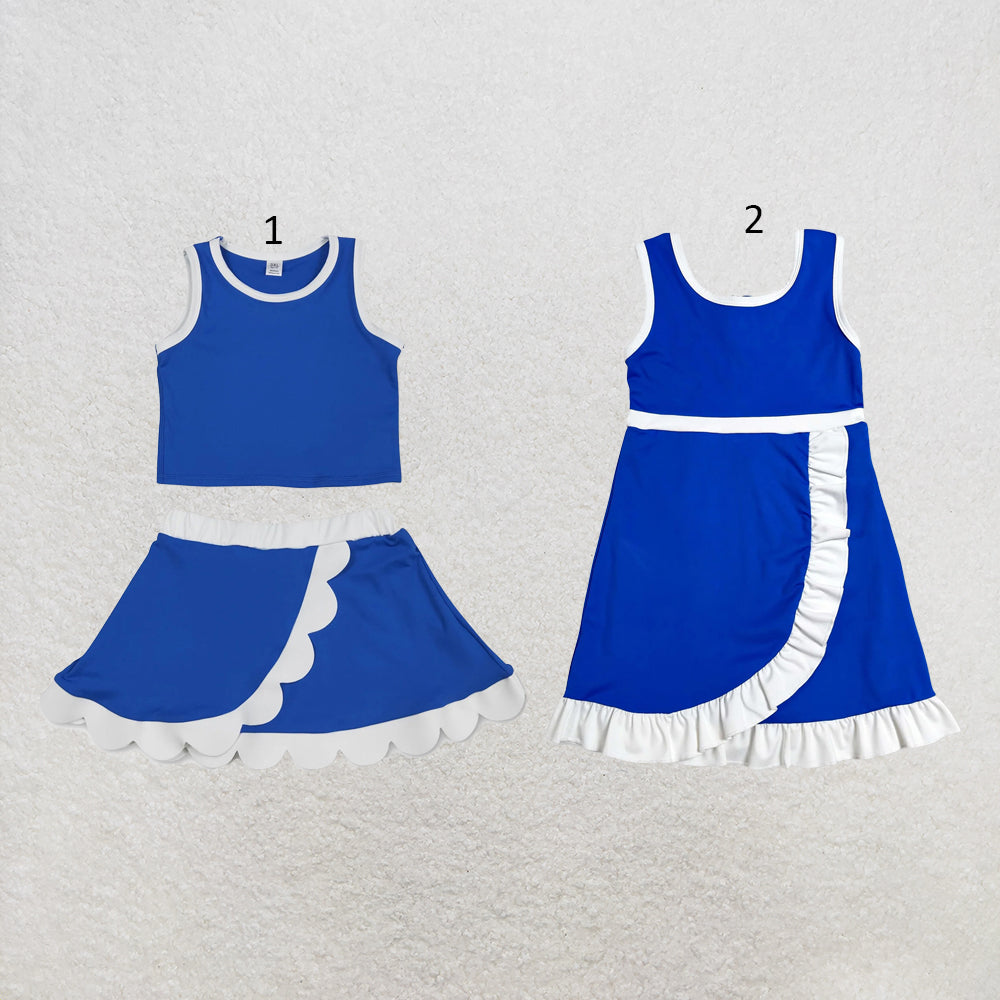 RTS NO MOQ Sibling cotton Baby Girls Hot Blue White Sleeveless Vest Scallop Skirt Yoga Active Set Short Knee Length Dress