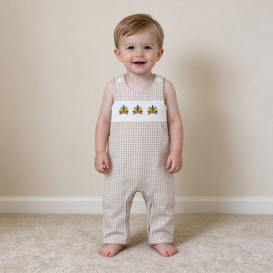 NEW RTS NO MOQ milk silk SR4277 Smocked Baby Boys Sleeveless Turkey Thanksgiving Print Checked Pockets Fall Rompers