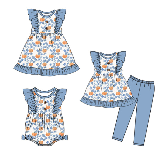 4.28 custom each style moq 5eta 4-6week Sibling Sisters pumpkin floral baby girl short sleeve pants sets and dress and rompers match family design