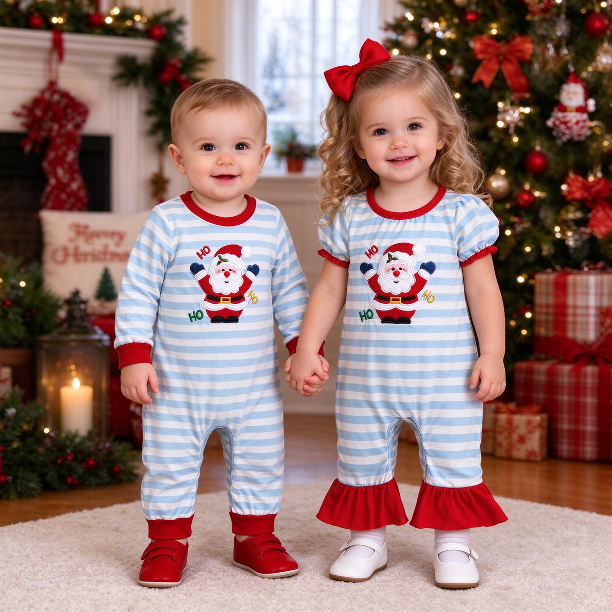 Baby Christmas Santa HO Stripe Romper - Red Ribbed & Ruffle Trim