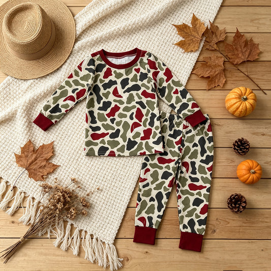 NEW RTS NO MOQ milk silk BLP1496 Baby Boys Green Red Camo Long Sleeve Top Pant Christmas Pajamas Sets
