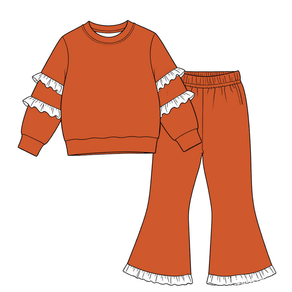 custom moq 5 cotton girls ruffle sets Baby girl's white ruffled orange long-sleeve top and ruffled bell-bottom pants set