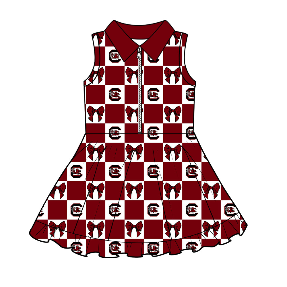 Custom moq 3 or 5 mix size milk silk summer teams baby girl clothes bow dark red sleeveless dress-26.1.20