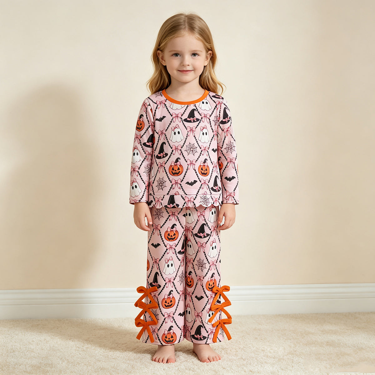 NEW RTS NO MOQ milk silk GLP3434 Baby Girls Ghost Pumpkin Print Scallop Trim Long Sleeve Top Elastic Waist Bow Pants Halloween Set