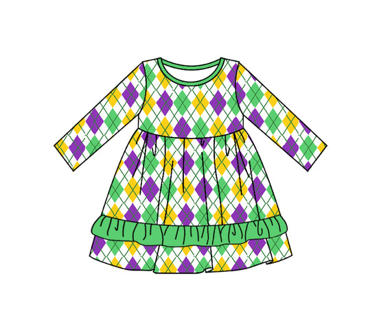 9.25 custom each style moq 5eta 4-6week baby girl clothes MARDI GRAS long sleeve dress