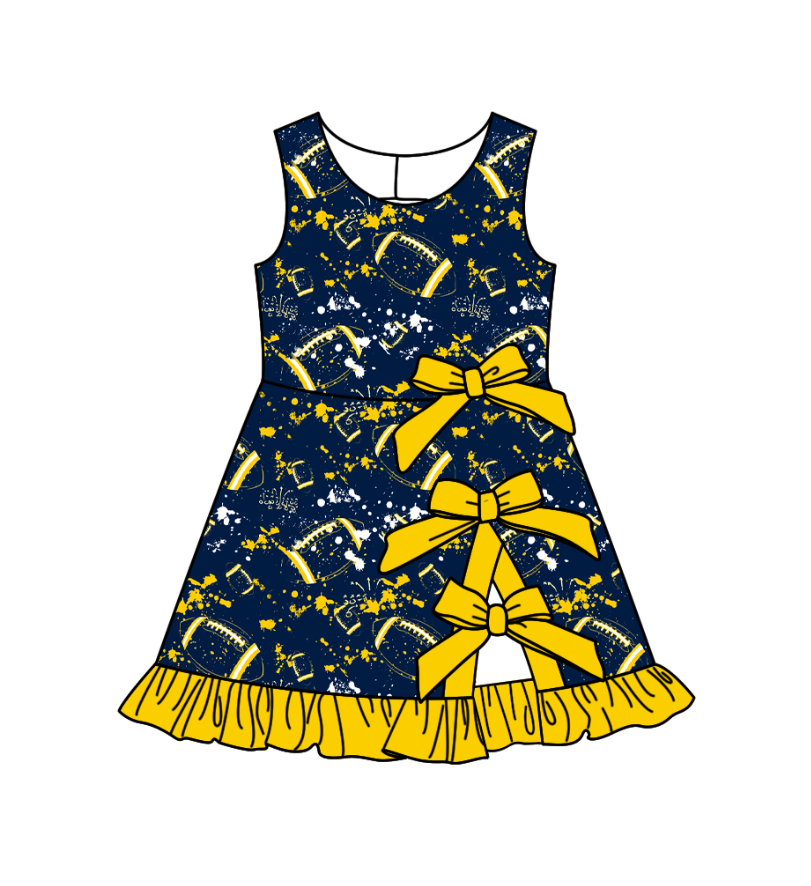 Custom moq 5 mix size milk silk summer teams Baby Girls Sleeveless Football Print Bow Ruffle Yoga Knee Length Dresses