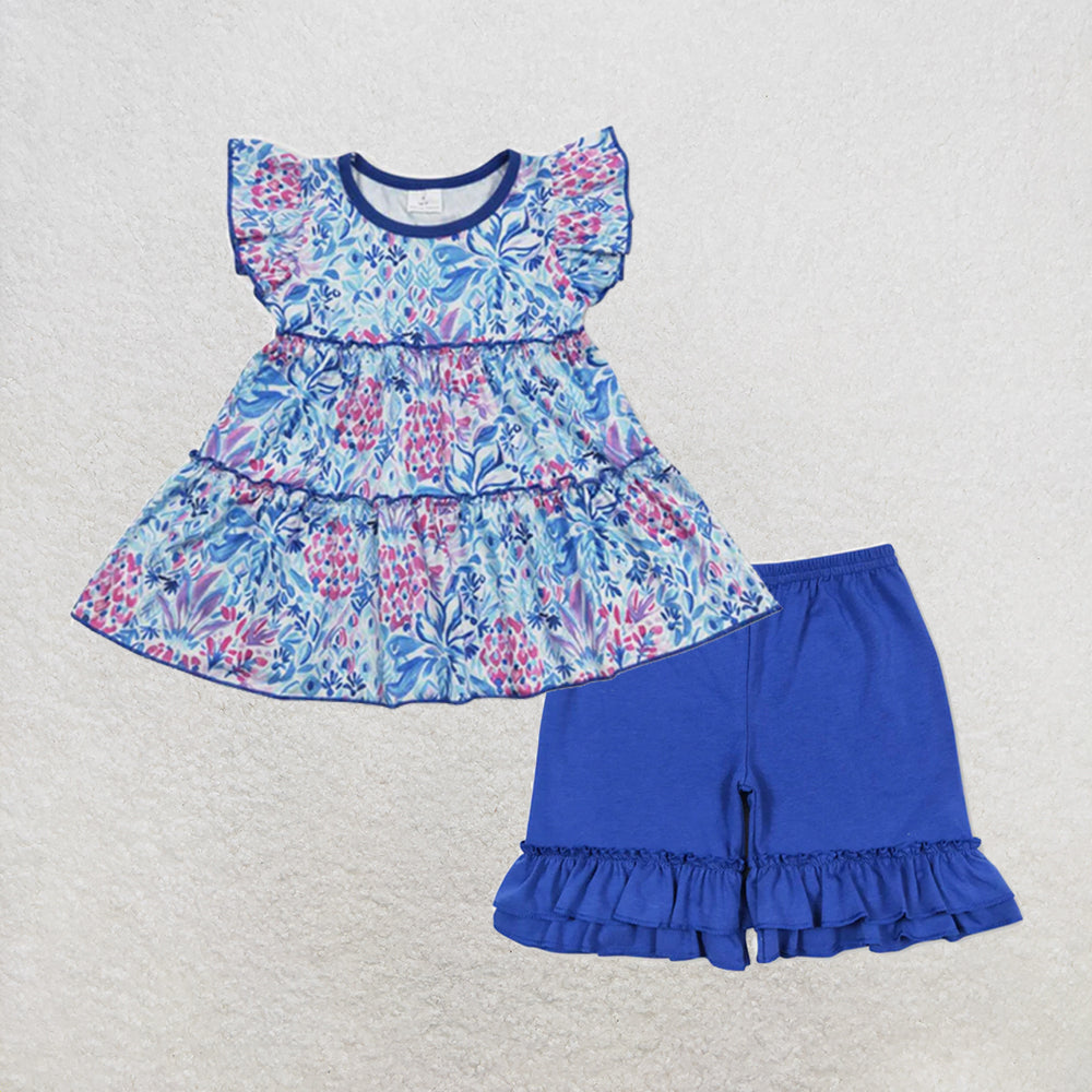 RTS NO MOQ milk silk GT0474+SS0179 Baby Girls Summer Flutter Sleeve Blue Flowers Tunic Tops Double Ruffle Shorts Set