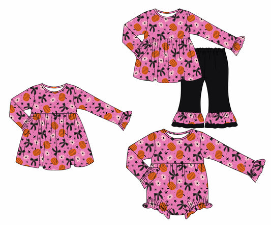 25.7.29 custom each style moq 5eta 4-6week Sibling Sisters pumpkin bow baby girl long sleeve pants sets and dress and rompers match family design