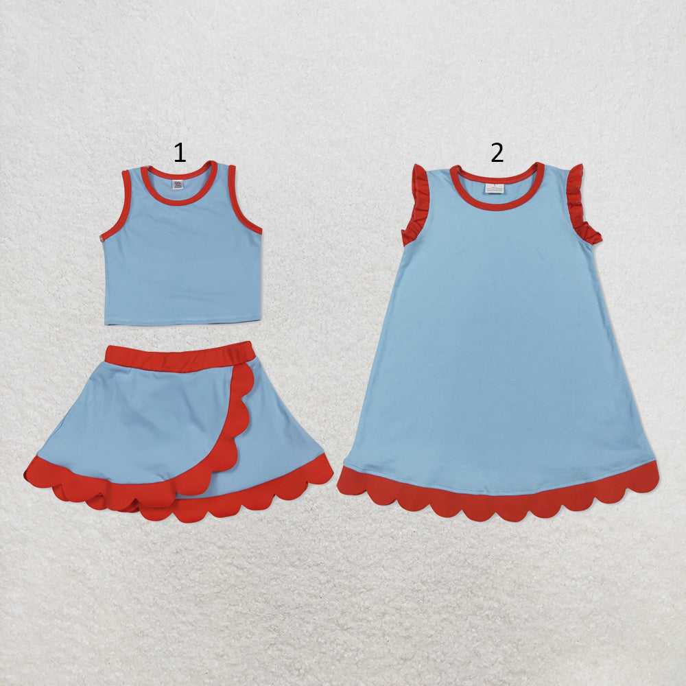 RTS NO MOQ Sibling cotton Baby Girls Blue Red Sleeveless Vest And Scallop Hem Short Skirt Yoga Set Scallop Knee Length Dresses