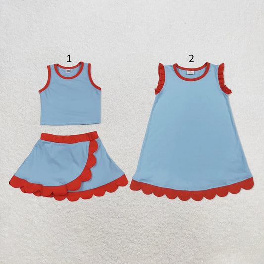 RTS NO MOQ Sibling cotton Baby Girls Blue Red Sleeveless Vest And Scallop Hem Short Skirt Yoga Set Scallop Knee Length Dresses
