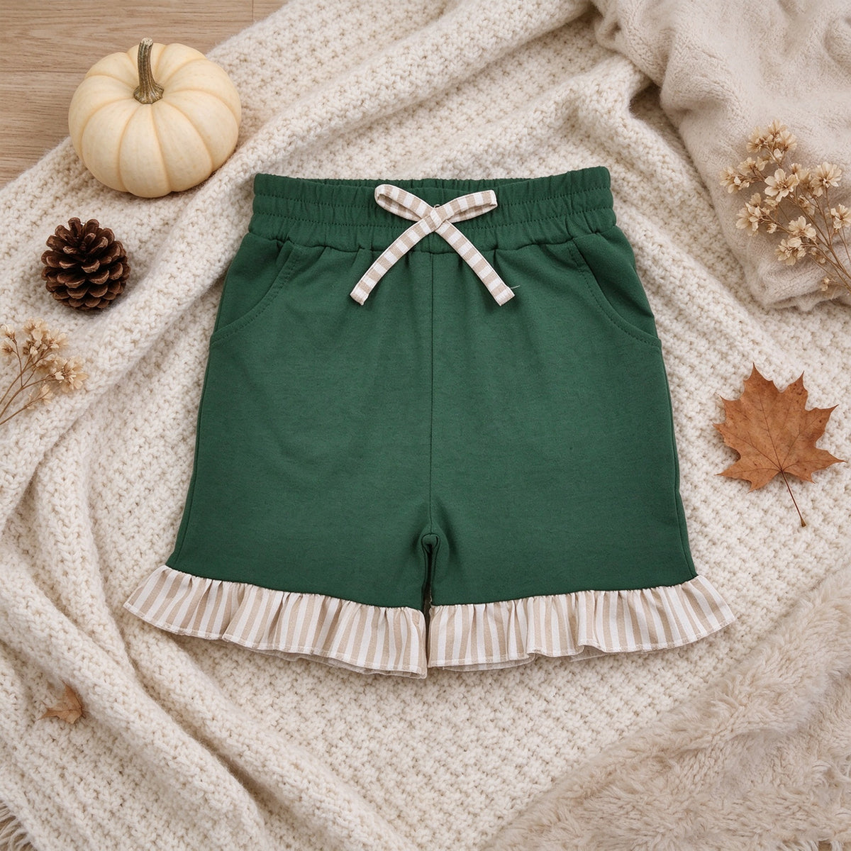 NEW RTS NO MOQ cotton SS0998 Baby Girls Green Stripe Bow Pockets Summer Shorts Bottom