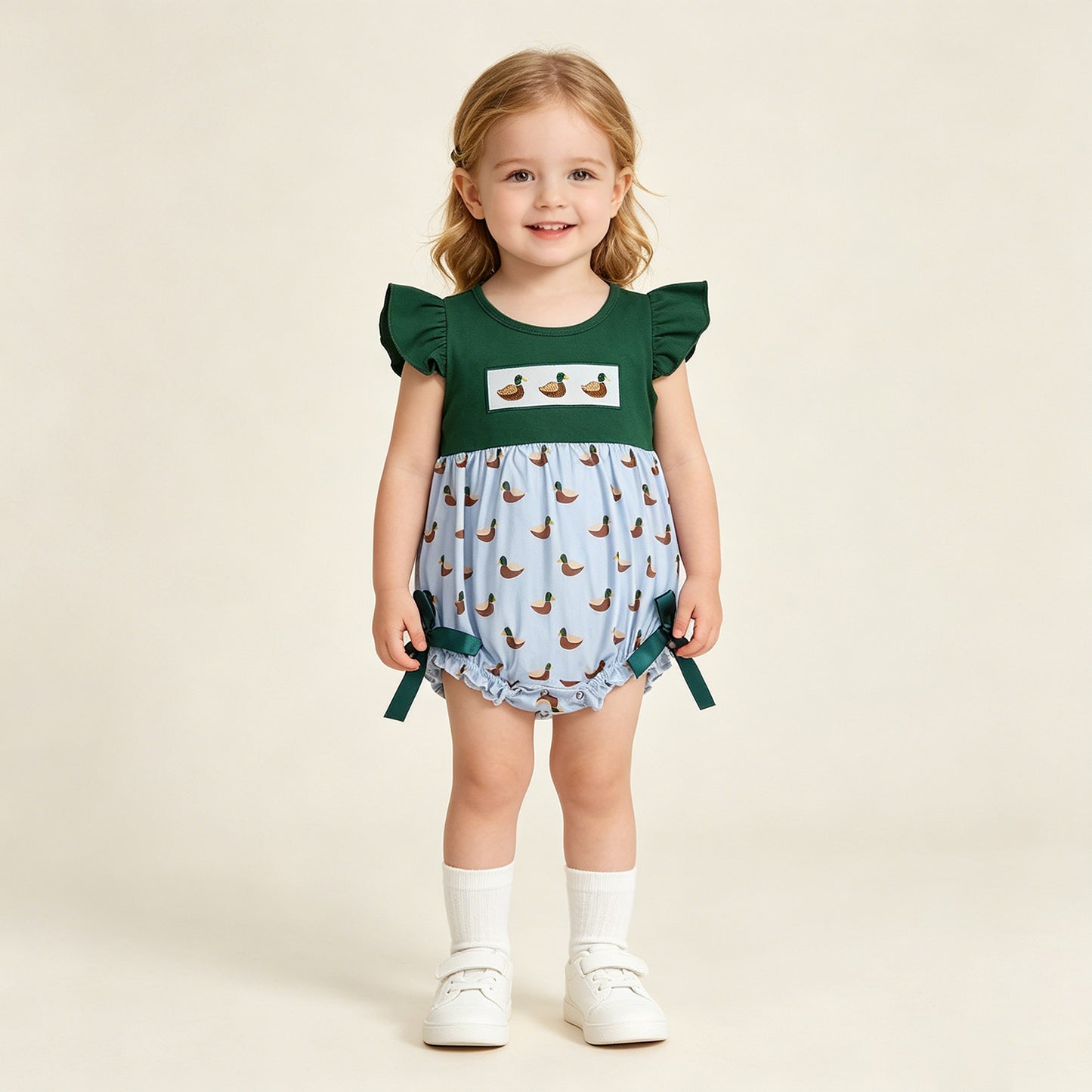 RTS NO MOQ milk silk SR4091 Baby Girls Hunting Embroidery Ducks Flutter Sleeve Rompers