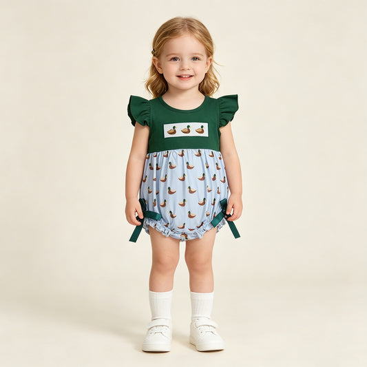 RTS NO MOQ milk silk SR4091 Baby Girls Hunting Embroidery Ducks Flutter Sleeve Rompers