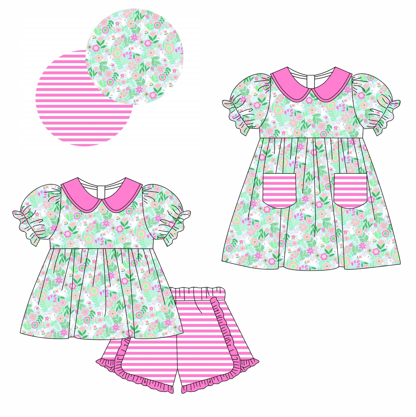 11.13 custom each style moq 5eta 4-6week Sibling Sister floral baby girl short sleeve shorts sets and dresses match design