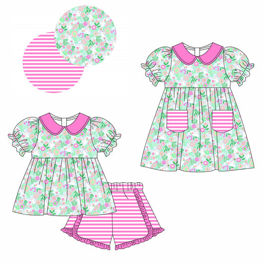 11.13 custom each style moq 5eta 4-6week Sibling Sister floral baby girl short sleeve shorts sets and dresses match design