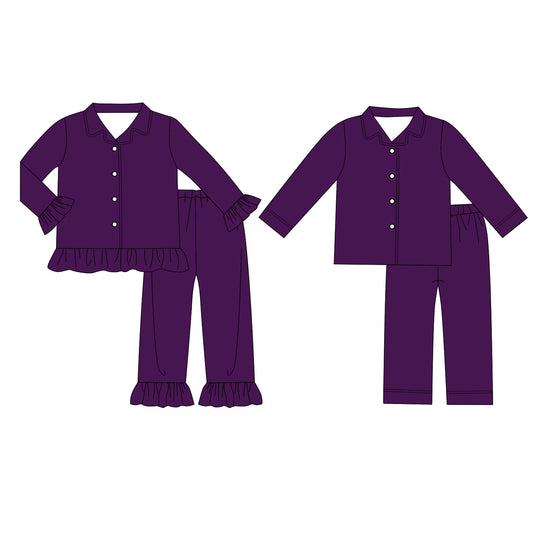 custom moq 5 mix size Baby Boys And Girls Solid Dark Purple Long Sleeve Collared Button Down Pant Pajama Set