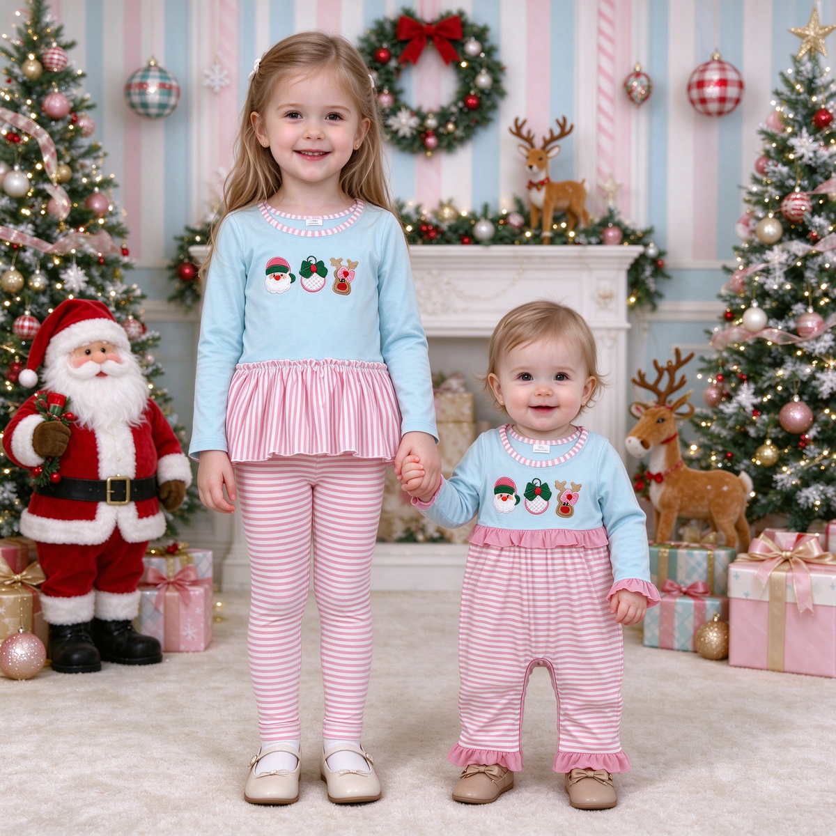 Baby Girls Christmas Applique Collection - Ruffle Peplum Stripe Set & Romper