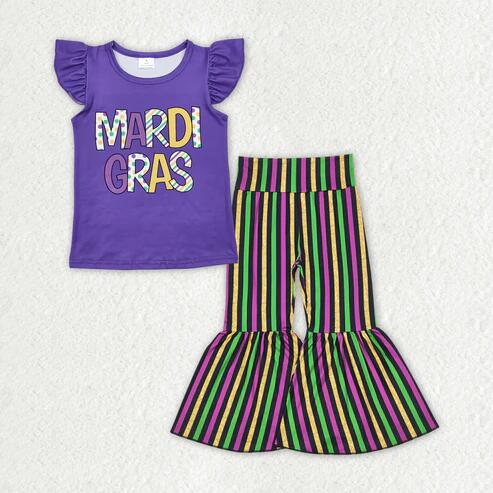 RTS NO MOQ Sibling Baby Girls Mardi Gras Top And Bell Bottom Stripe Pants for Infants