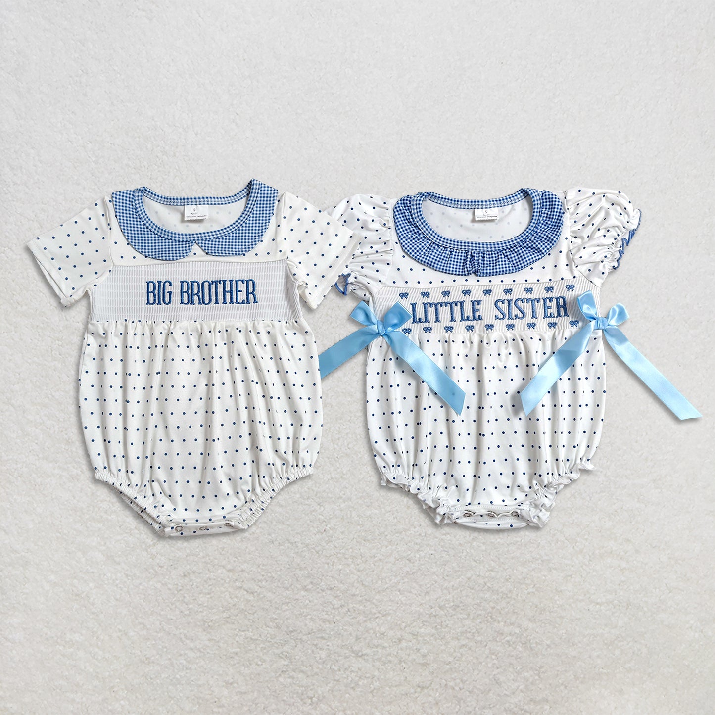 RTS NO MOQ Sibling milk silk Baby Boys And Girls Polka Dots Smocked Short Sleeve Rompers